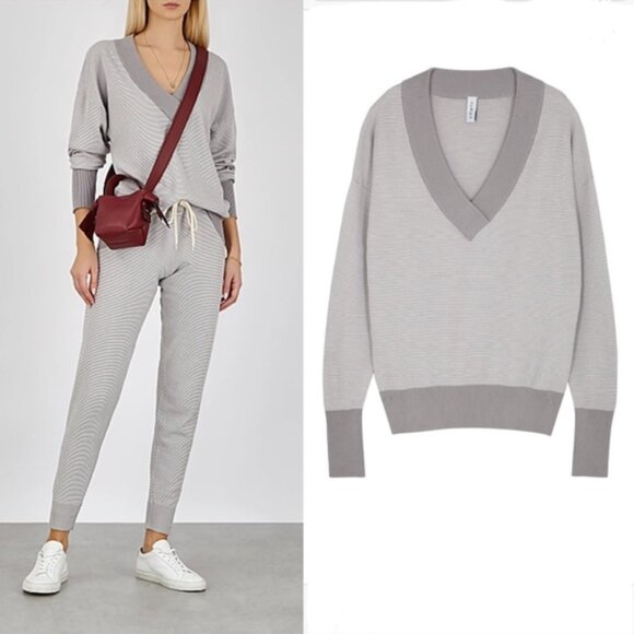 Varley Gray Gower Oversized V-Neck Knit Sweater Varsity Ribbed Preppy Tennis XS - Picture 1 of 10